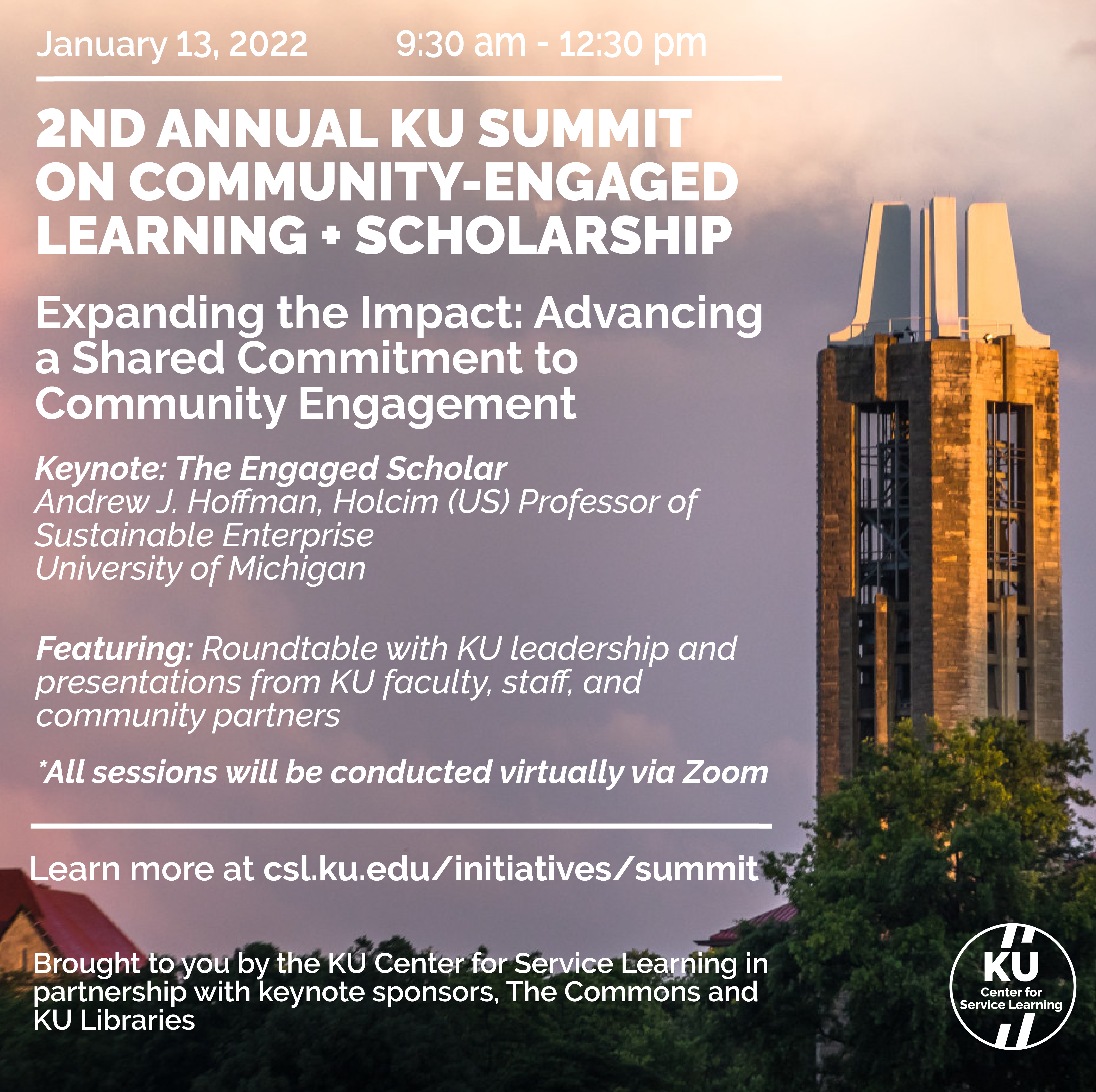 January 23, 2022; 9:30am-12:30pm: 2nd Annual KU Summit on Community-Engaged Learning and Scholarship.